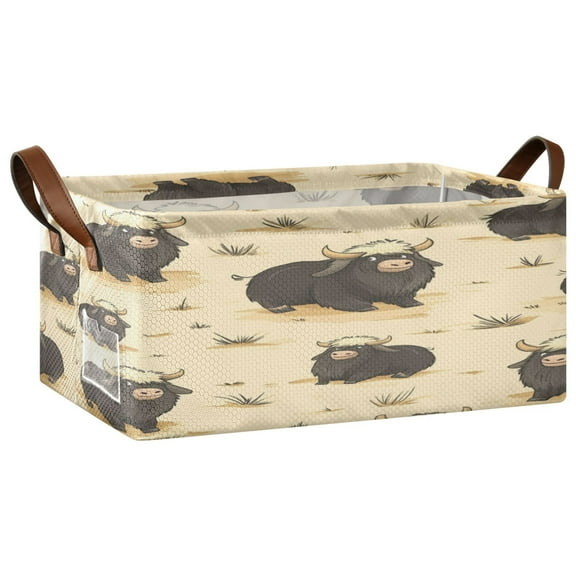 Cartoon Musk Oxen Storage Basket Soccer Plaid Fabric Hoard Box Oversized Collapsible Closet Organizer with Metal Iron Frame 16.911.47.7in