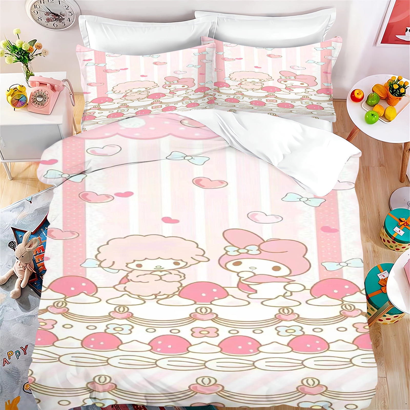 Cartoon My Melody Sanrio Double Duvet 3Pcs Printing Home Bedding Custom