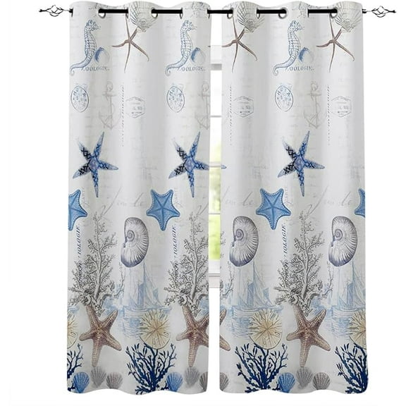 Cartoon Navy Blue Ocean Starfish Shell Window Curtains, Sailboat Coral Conch Printing Curtains, Thermal Insulated Darkening Eyelet Curtains For Children'S Room Nursery 26"W x 63"L (Pack of 2)