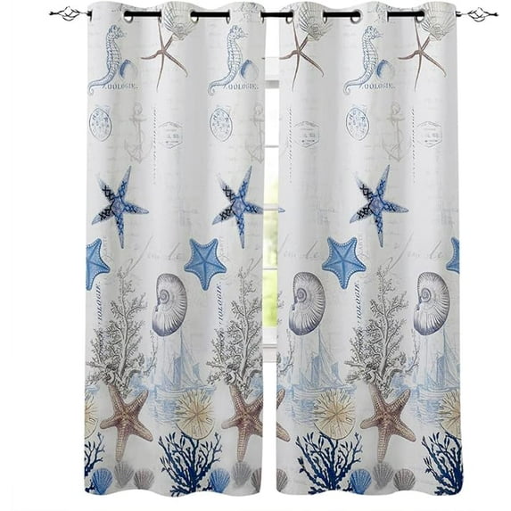Cartoon Navy Blue Ocean Starfish Shell Window Curtains, Sailboat Coral Conch Printing Curtains, Thermal Insulated Darkening Eyelet Curtains For Children'S Room Nursery 26"W x 45"L (Pack of 2)