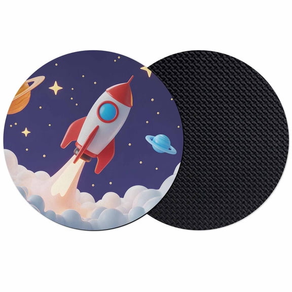 Cartoon Navy Blue Space Coasters for Drinks,Absorbent Non Slip Rubber Drink Coasters Set of 2 for Cup,Table,Bar,Home Decor, Red 3D Rocket Yellow Stars