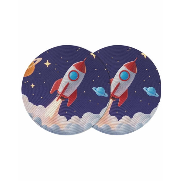 Cartoon Navy Blue Space Round Table Placemats set of 2, Red 3D Rocket Washable Woven Place Mats for Dining Tables Kitchen Party Decor,Heat Proof, 13in, Yellow Stars