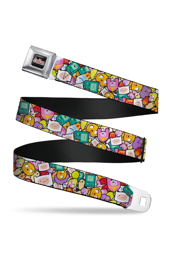 Cartoon Network Belt, Seatbelt Buckle Belt, Adventure Time Character Face Icons Stacked Collage, 30 to 44 Inches