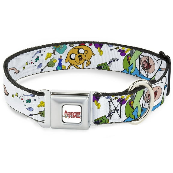 Cartoon Network Pet Collar, Dog Collar Metal Seatbelt Buckle, Adventure Time Jake and Finn Open Pack Pose White, 15 to 24 Inches 1.0 Inch Wide
