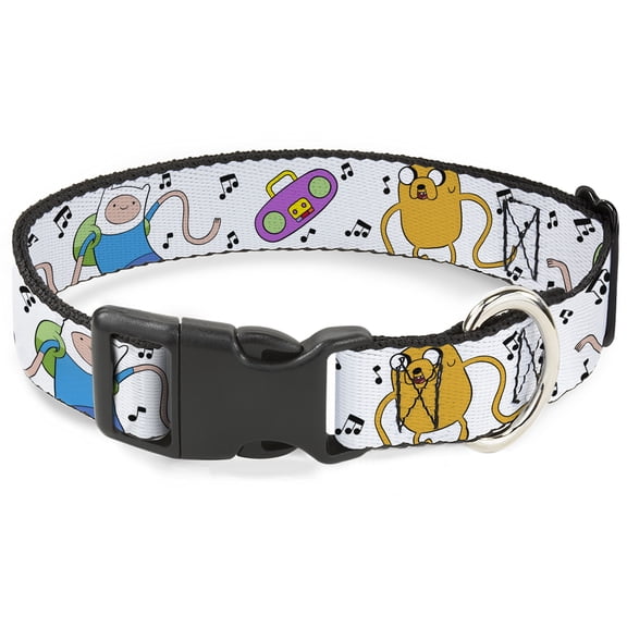 Cartoon Network Pet Collar, Dog Collar Plastic Buckle, Adventure Time Finn and Jake Long Arms Dancing Pose White, 15 to 24 Inches 1.0 Inch Wide