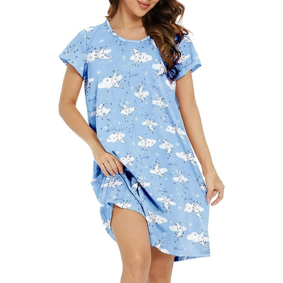 Cartoon Nightgowns for Women Short Sleeve Loose Pajamas Cotton Nightdress Blue Moon Small
