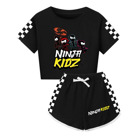 Cartoon Ninja Kidz Girls Clothes – Kids 2-Piece Summer Set with Crop Tee and Elastic Waist Shorts