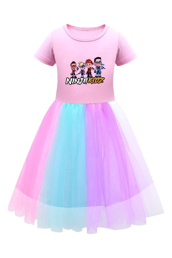 Cartoon Ninja Kidz Tutu Outfit – Girls Dress with Colorful Tulle and Short Sleeves – Summer for Birthdays, Dress-Up, or Playtime