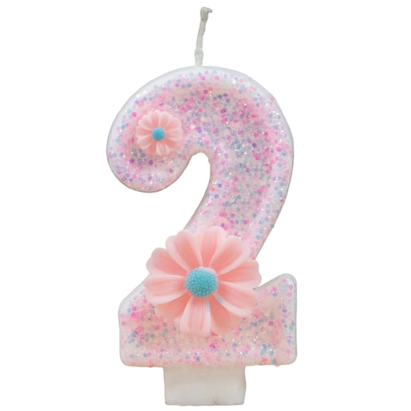 Cartoon Number 2 Birthday Candle for Party Decorations, Sparkly Glitter Design with Floral Accents, Ideal Birthday Cakes, Anniversary Celebrations, and Festive Events