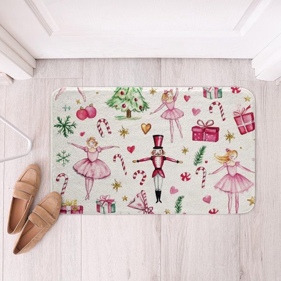Cartoon Nutcracker Polyester Bath Rug Christmas Theme Soft Fleece Non Slip Bathroom Floor Mat Indoor Doormat Pink Plaid 16x24 Inch