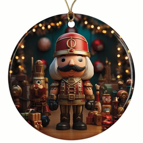 Cartoon Nutcracker Soldier with Christmas Decorations Christmas Ornament - Festive Holiday Decor - 2.8" Round - Gold String Included - UV Printed Design - Choose from Over 140 Designs - BMCO0466