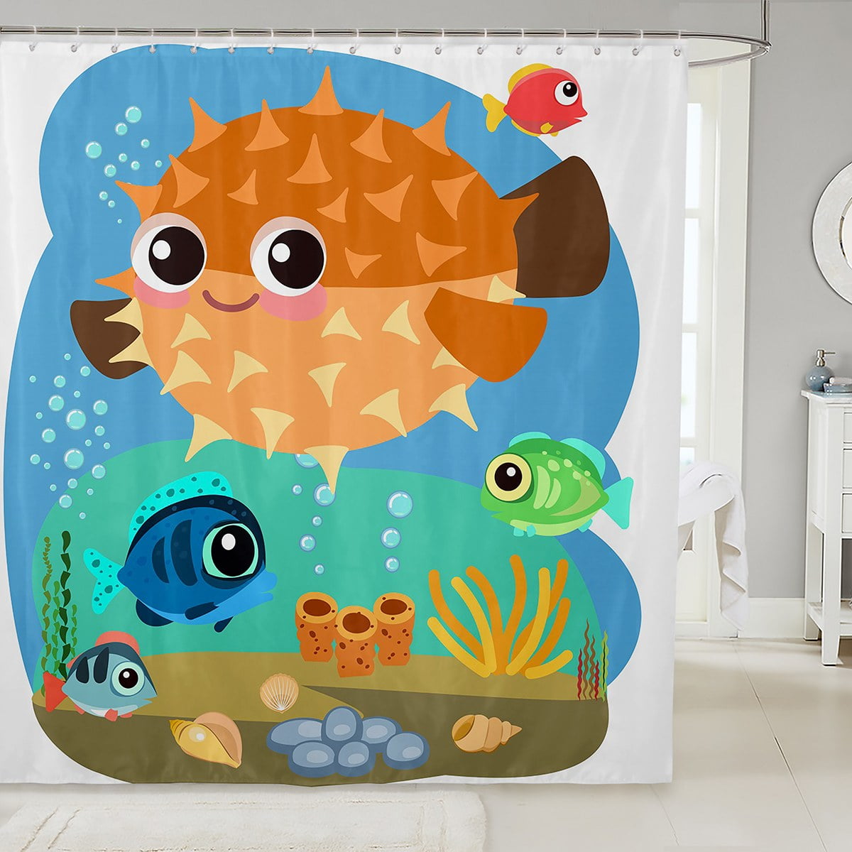 Cartoon Ocean Animals Shower Curtain 72"Wx72"L,Cute Balloonfish Pufferfish Bathroom Shower