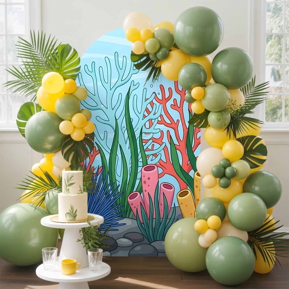 Cartoon Ocean Arch Backdrop Cover, 5FT, Coral Seaweed Bubbles Stone Summer Spandex Arch Covers Double-Sided Backdrop for Wedding Birthday Party Photo Background Decoration