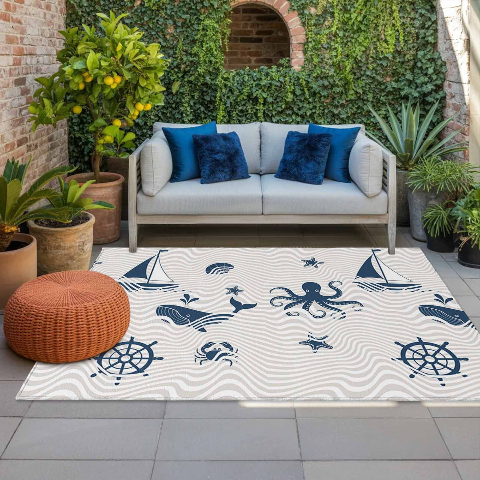 Cartoon Ocean Indoor Outdoor Rugs 4x6 Ft, Nautical Ship Octopus Crab ...