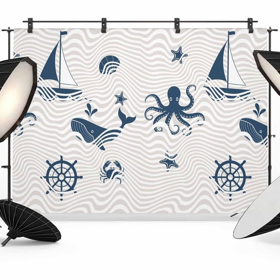 Cartoon Ocean Photography Backdrop 7x5FT, Nautical Ship Octopus Crab Whale Wave Photo Backdrops, Background for Photography Studio Photo Studio Background, Back Drop for Photoshoot
