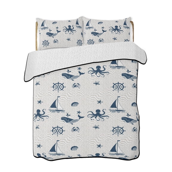 Cartoon Ocean Quilts Bedding Set Twin Size Nautical Ship Octopus Crab Whale Wave Lightweight Quilted Bedspread 3 Piece Bed Quilt with 2 Pillow Shams All Season for Bedroom 68" x 86"