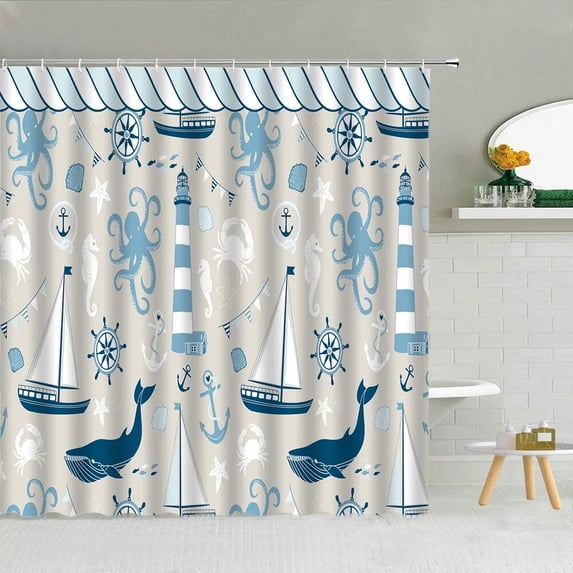 Cartoon Ocean Sailing Themed Shower Curtains Rudder Anchor Whale Dolphin Lighthouse Child Bath Decor Waterproof Hooks Curtain