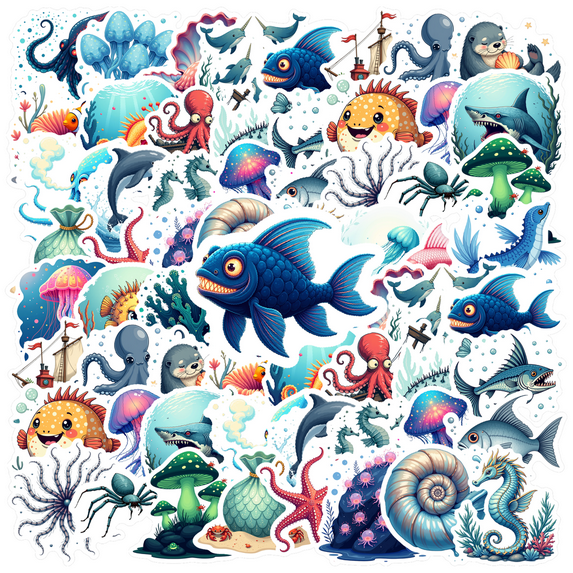 Cartoon Ocean Theme Stickers, Waterproof Ocean Theme Sticker for Water Bottle Laptop Phone Cases Planner Skateboard Luggage Helmet Party Favor Decor, Ideal for Adults Teens Teacher Rewards