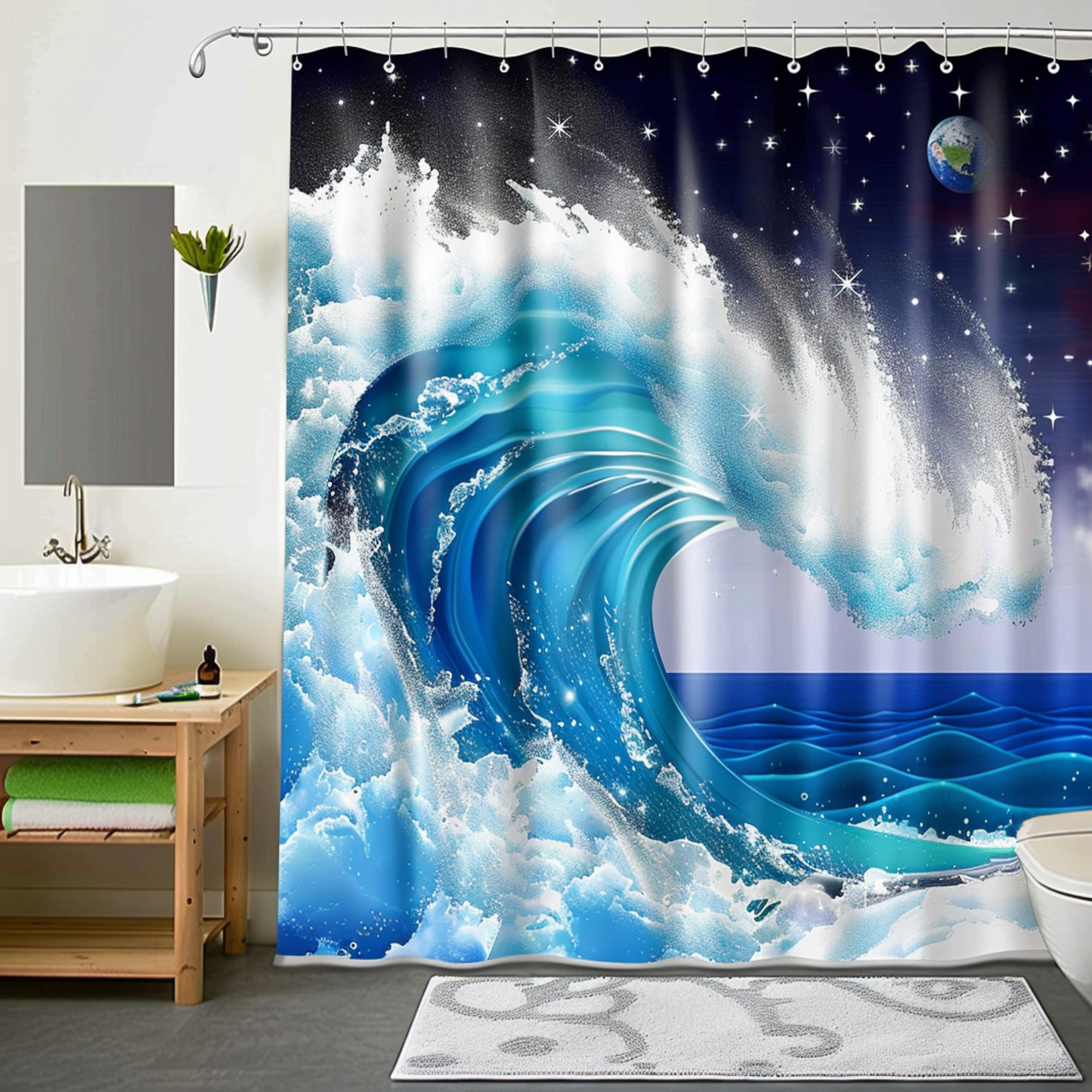Cartoon Ocean Wave Shower Curtain with Starry Sky Background Unique