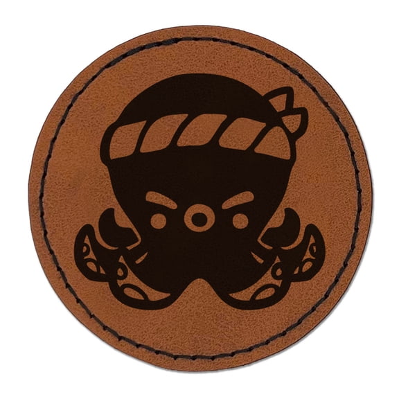 Cartoon Octopus Anime Japanese Style Tako Round Iron-On Engraved Faux Leather Patch Applique - 2.5 Inch - Brown
