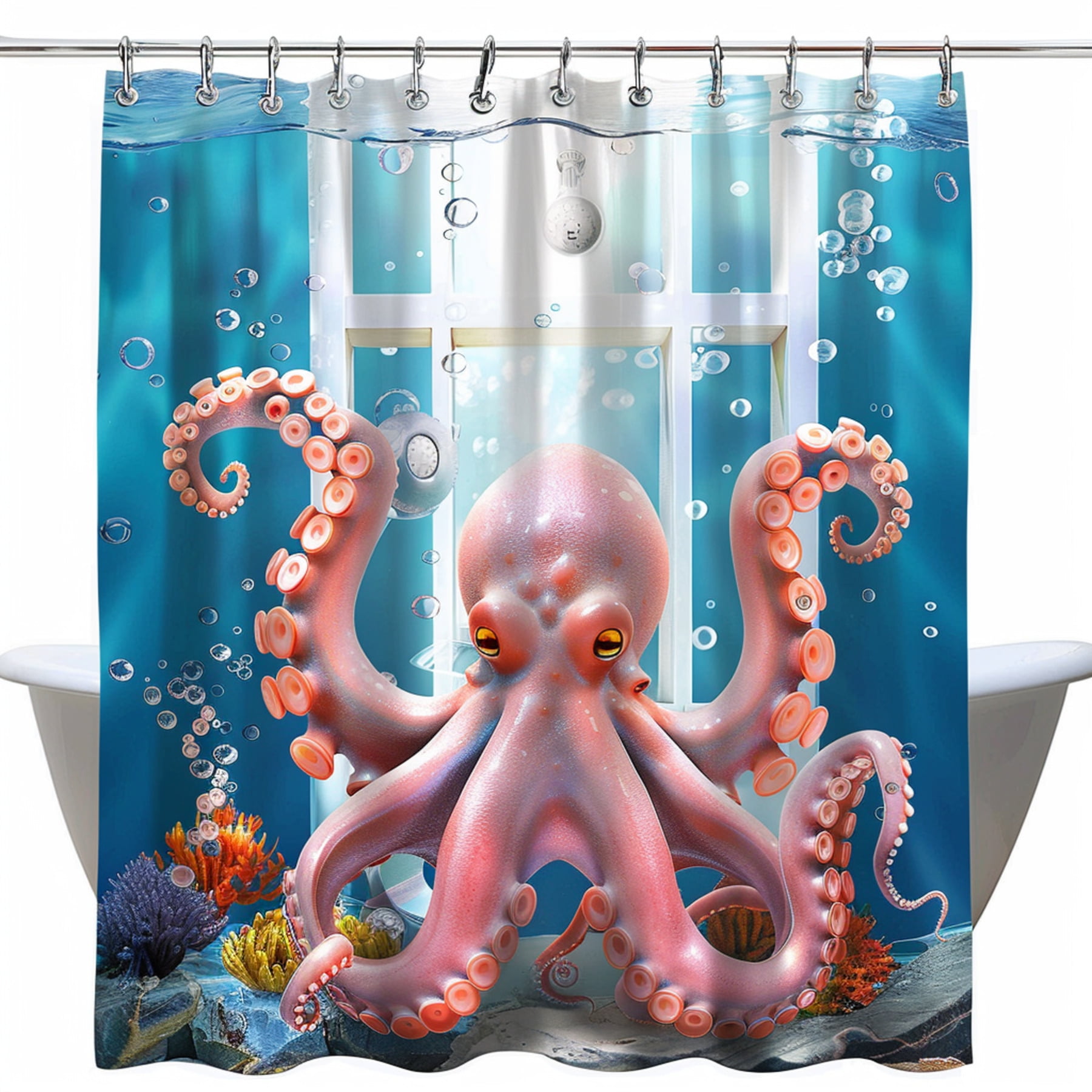 Cartoon Octopus Aquarium Shower Curtain Cute Pink and Orange Octopuses