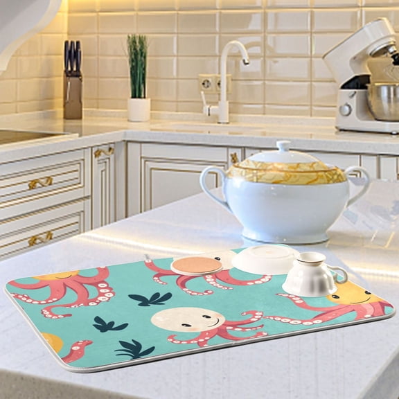 Cartoon Octopus Dish Drying Mats for Kitchen Counter Absorbent Microfiber Coffee Pad