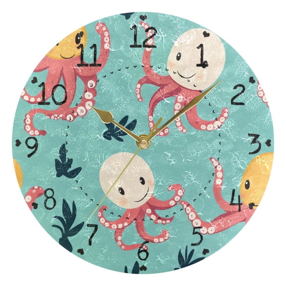 Cartoon Octopus Round Wall Clock Silent Battery Operated Home Decor for Living Room Bedroom