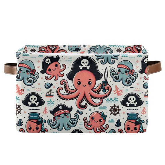 Cartoon Octopus with Pirate Hat Storage Bins with Handle Fabric Organizer Basket Foldable Box 1 Pack 14.2x10.2x8.3