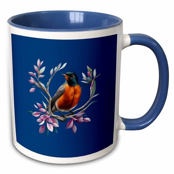 3drose, Cartoon of an American Robin with Connecticut State Flower, 15oz Two-tone Blue Mug