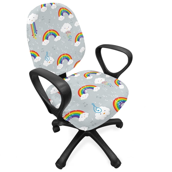 Cartoon Office Chair Slipcover, Colorful Cartoon of Clouds Rainbow and Music Notes Interpretation, Protective Stretch Decorative Fabric Cover, Standard Size, Pale Grey and Multicolor, by Ambesonne