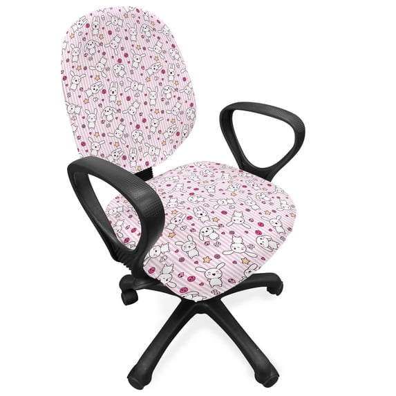 Cartoon Office Chair Slipcover, Loveable Bunnies Numerous Facial Expressions Smiling Wink Sleeping Determined, Protective Stretch Decorative Fabric Cover, Standard Size, Pale Pink Pink, by Ambesonne