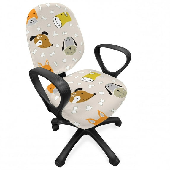 Cartoon Office Chair Slipcover, Pattern with Colorful Dog Faces on Bones Background, Protective Stretch Decorative Fabric Cover, Standard Size, Multicolor, by Ambesonne