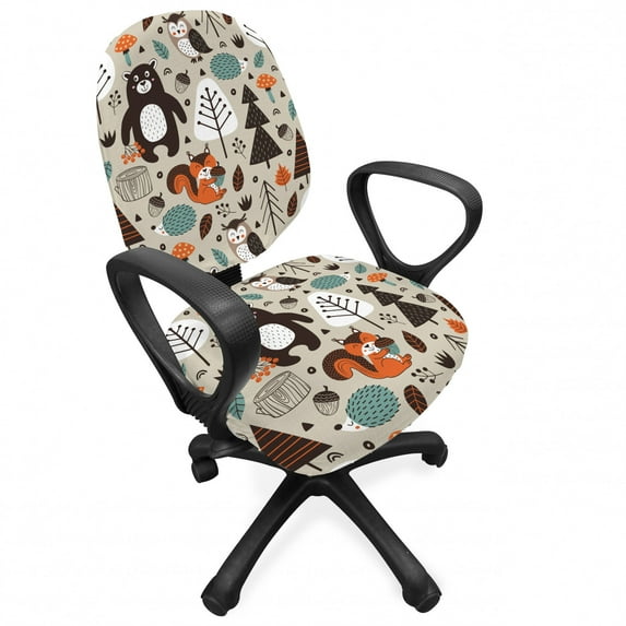 Cartoon Office Chair Slipcover, Repeating Pattern with Forest Animals and Botany Bear Owl Squirrel, Protective Stretch Decorative Fabric Cover, Standard Size, Grey Yellow Multicolor, by Ambesonne