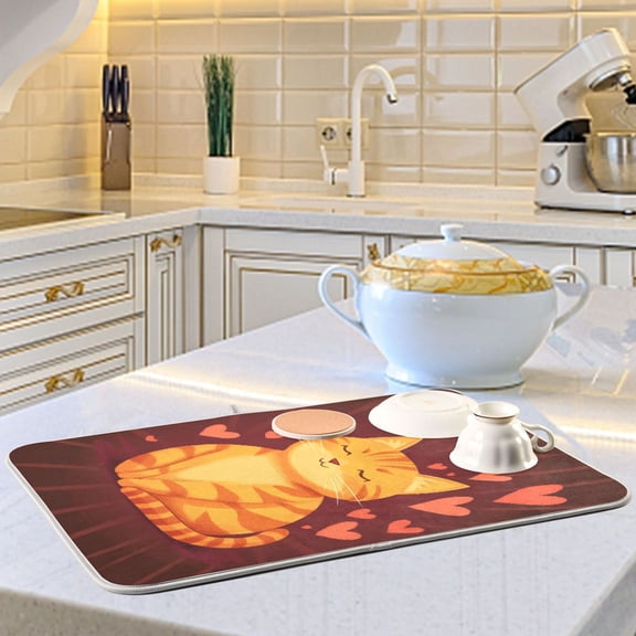 Cartoon Orange Cat Dish Drying Mats for Kitchen Counter Absorbent Microfiber Coffee Pad
