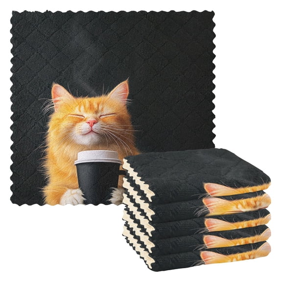 Cartoon Orange Cat Holding Cup Kitchen Cloth Dish Towels for Drying Washing Absorbent Dish Rags 6 Pack