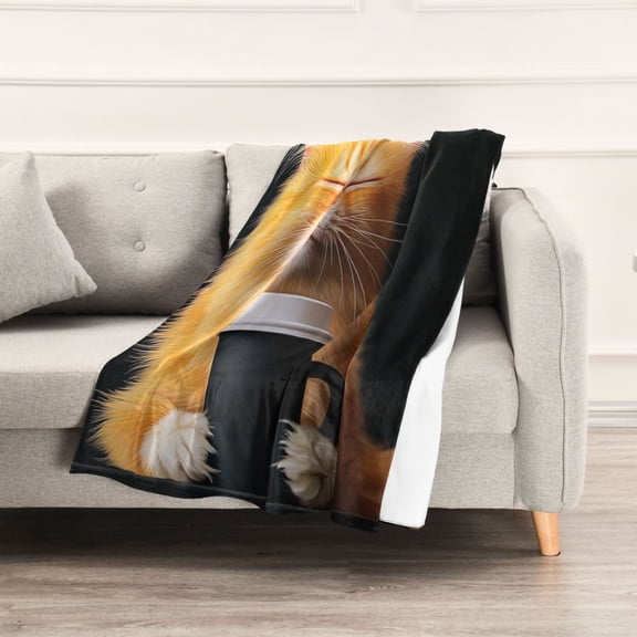 Cartoon Orange Cat Holding Cup Throw Blanket 60" x 90" Soft and Warm Blankets for Couch Sofa and Bed