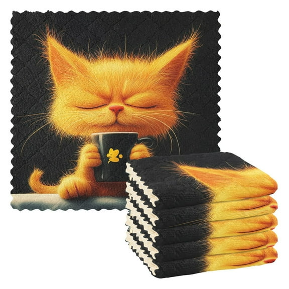 Cartoon Orange Cat Kitchen Cloth Dish Towels for Drying Washing Absorbent Dish Rags 6 Pack