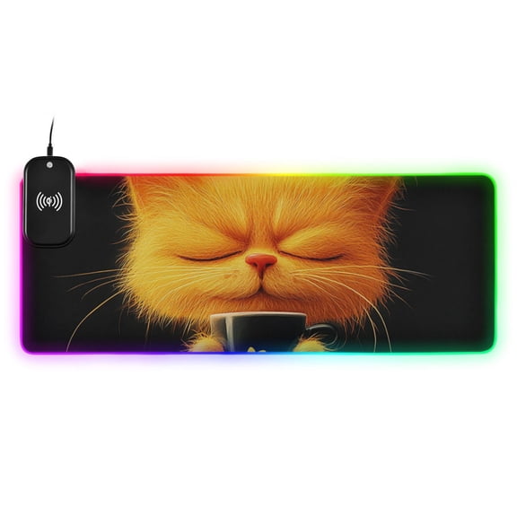 Cartoon Orange Cat Wireless Charging RGB Gaming Mouse Pad Large Keyboard Mat Rubber Base 13 Light Modes