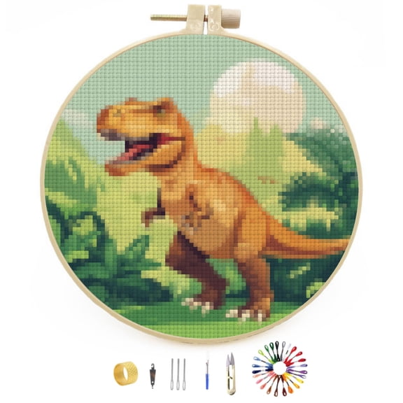 Cartoon Orange Dinosaur Easy Stamped Cross Stitch Kits for Beginners with Hoop Simple Patterns 11CT Counted Embroidery Needlepoint Crafts Arts for DIY Enthusiasts and Home Decor 26x26cm(2)