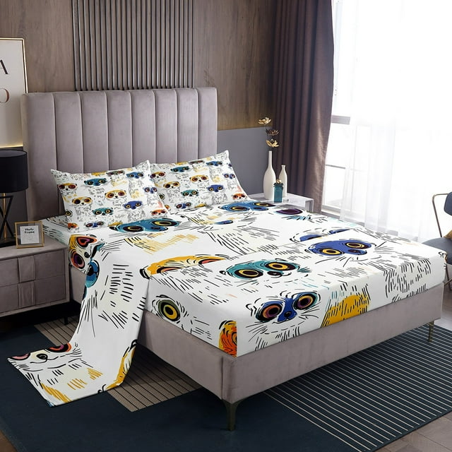 Cartoon Otter Sheet Set Teens Adults,Watercolor Sea Otter Bed Sheets Set Twin Size,Doodle Otter Sheets,Zoo Animal Flat Fitted Sheet with 1 Pillowcase Microfiber