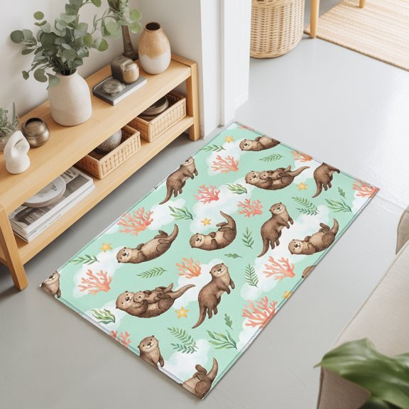 Cartoon Otter Summer Coral Rectangle Area Rug 2x3ft,Living Room Rug Non-Slip Washable Circle Rugs Pad,Country Green Leaves Soft Floor Carpet for Bedroom Dining Room