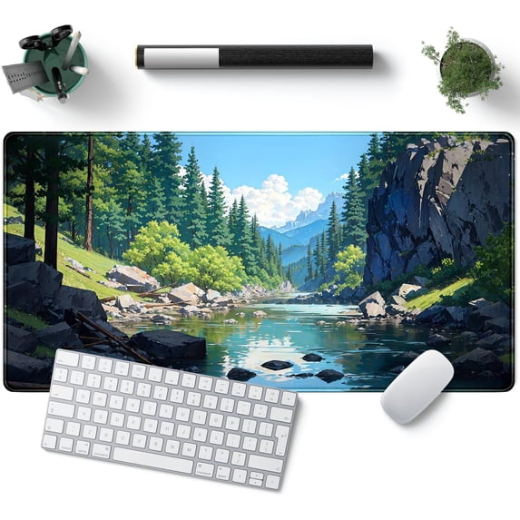 Cartoon Outdoor Forest Green Desk Mat Cute Gaming Mouse Pad Keyboard Mat Desk Mouse Pad with Non-Slip Rubber Base Seam Edges Mouse Pad for Office Home Decor Laptop Travel Mouse Pad, 31.5 X15.8 in.