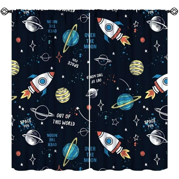 Cartoon Outer Space Curtains, Kids Cute Galaxy Universe Cosmos Rocket Star Moon Space Graffiti Print Window Treatments for Boys Girls Bedroom Living Room 84x84in