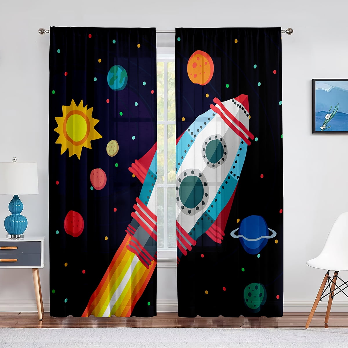 Cartoon Outer Space Rocket Planet Tulle Sheer Window Curtains for ...