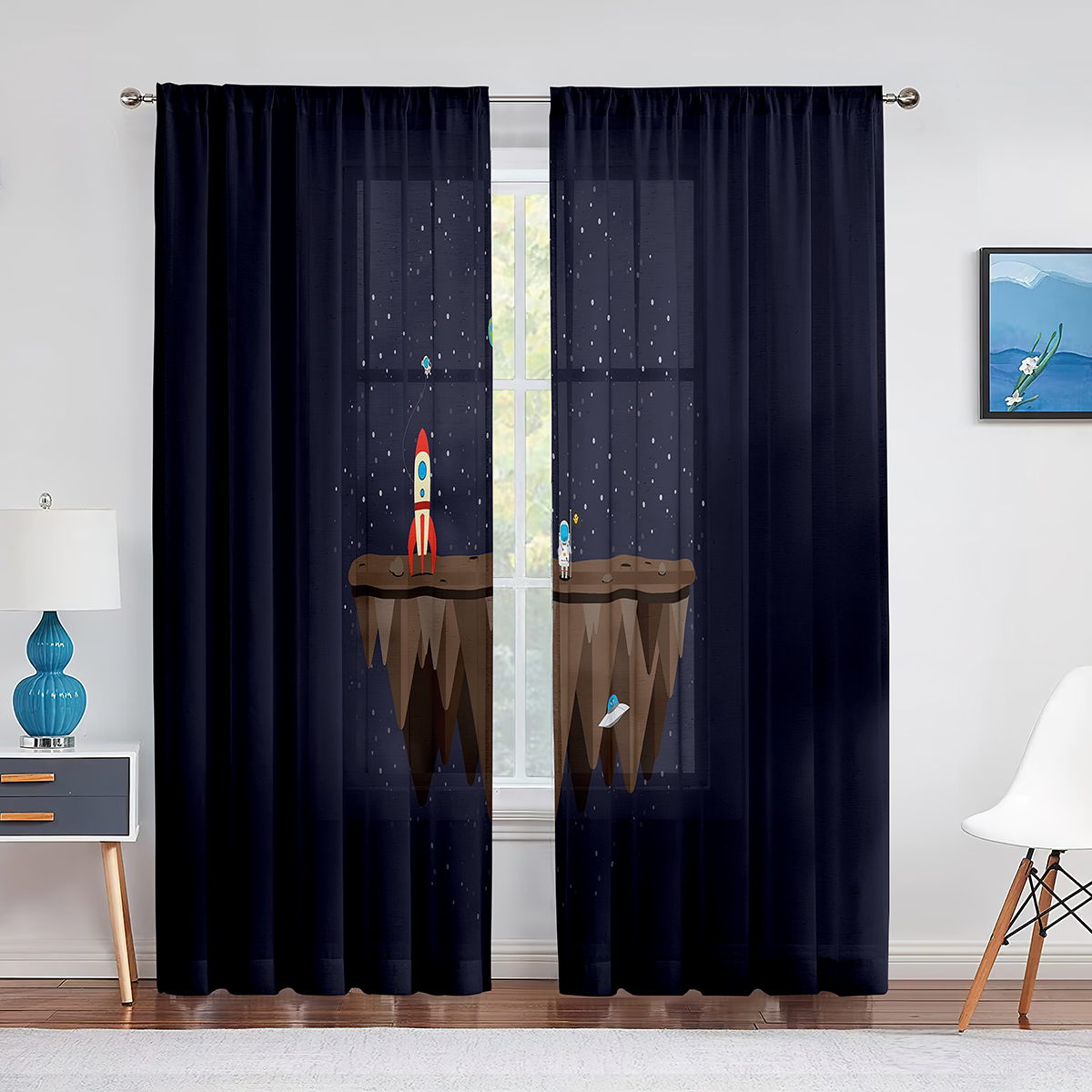 Cartoon Outer Space Rocket Planet Tulle Sheer Window Curtains for ...