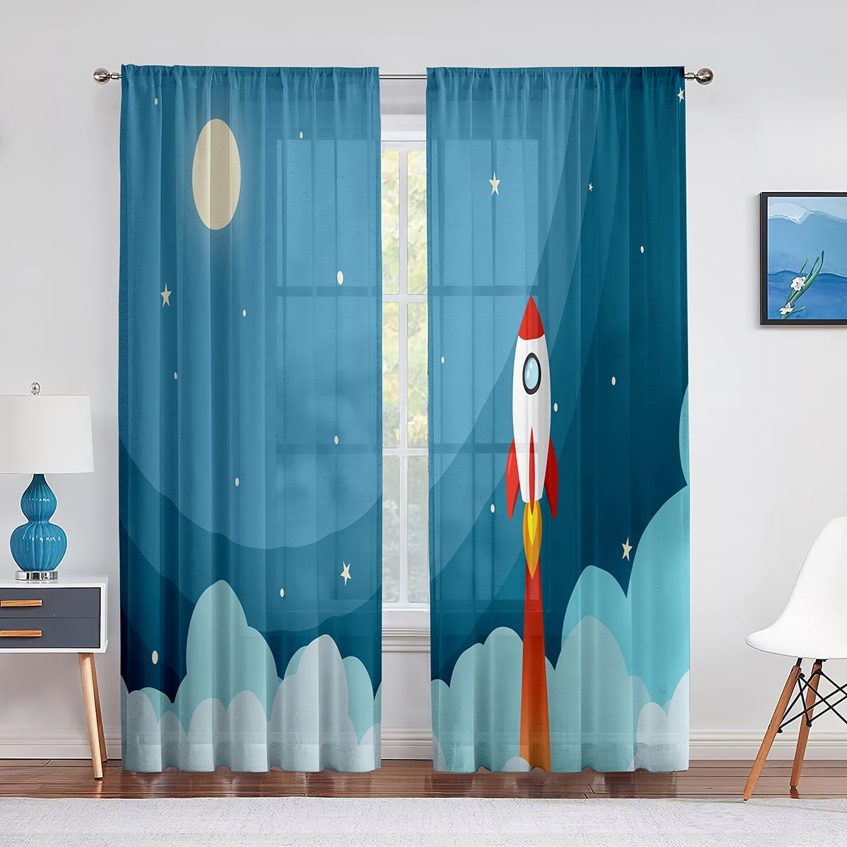 Cartoon Outer Space Rocket Planet Tulle Sheer Window Curtains for ...