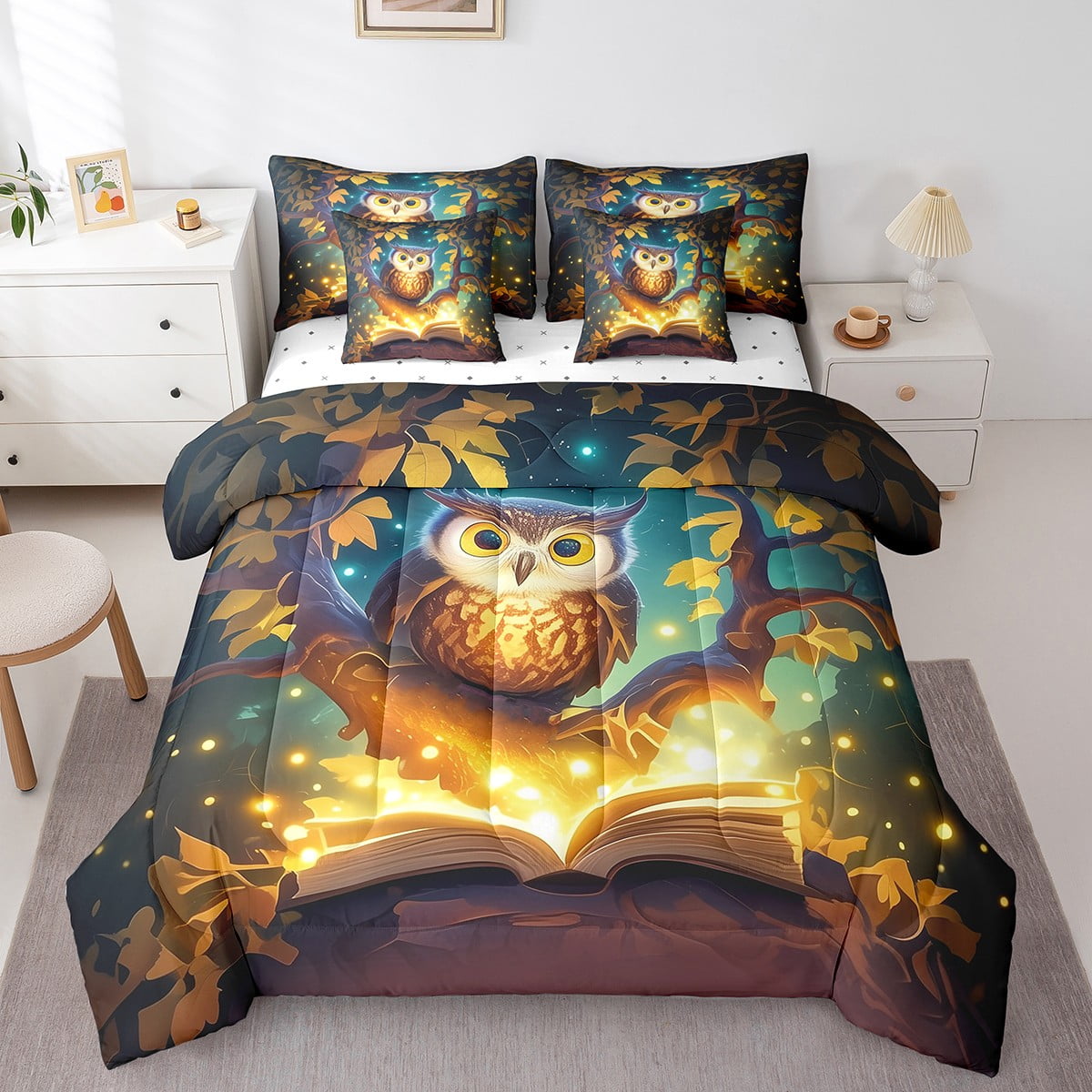 Crib Bedding Set-Small Birds and Owl Cartoon Theme