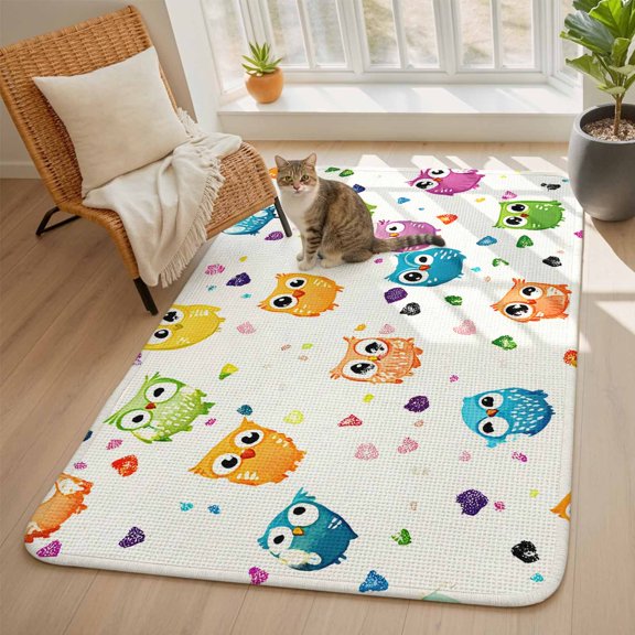 Cartoon Owl Area Rugs for Living Room 5x6, Cute Animal Modern Art Washable Area Rug with Non Slip Backing, Stain Resist Linen Carpet for Bedroom, Dining Room, Entryway, Entrance