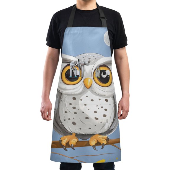 Cartoon Owl Big Eyes Chef Kitchen Apron with Pockets for Women Waterproof Aprons for Cooking Baking