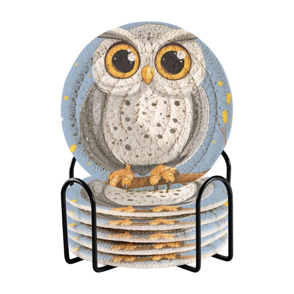 Cartoon Owl Big Eyes Drink Coasters with Holder Absorbent Coaster for Coffee Table Room Decor 6 Pack
